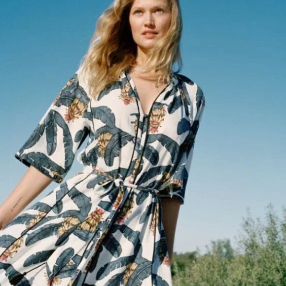 NWOT Desmond & Dempsey H&M Linen-blend Boho Beachy Tropical Kaftan Dress MEDIUM - Picture 1 of 8